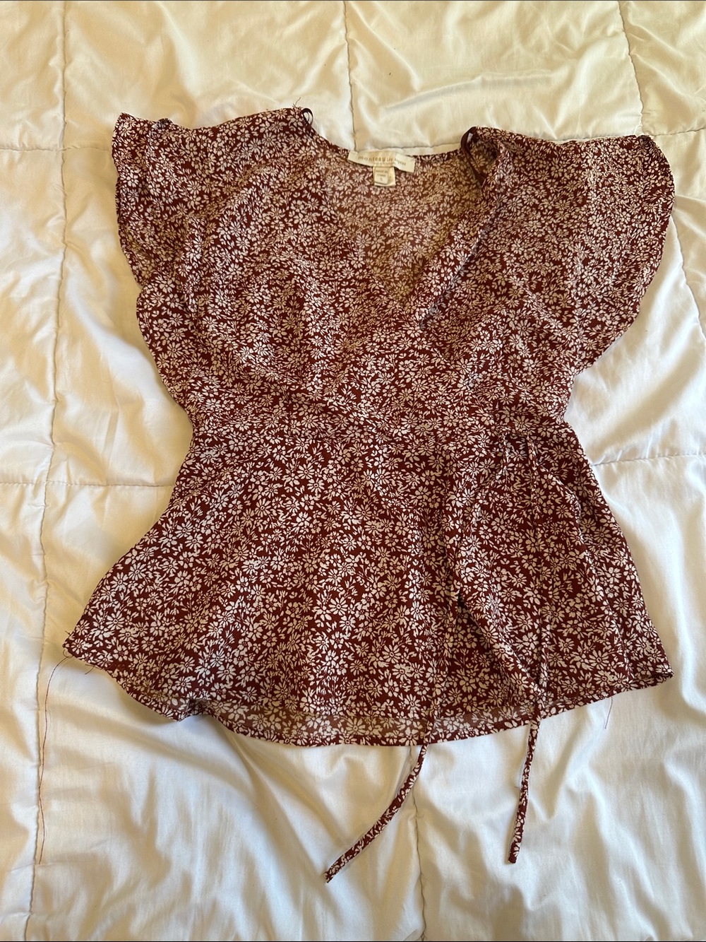 Monteau Burgundy Floral Wrap Top